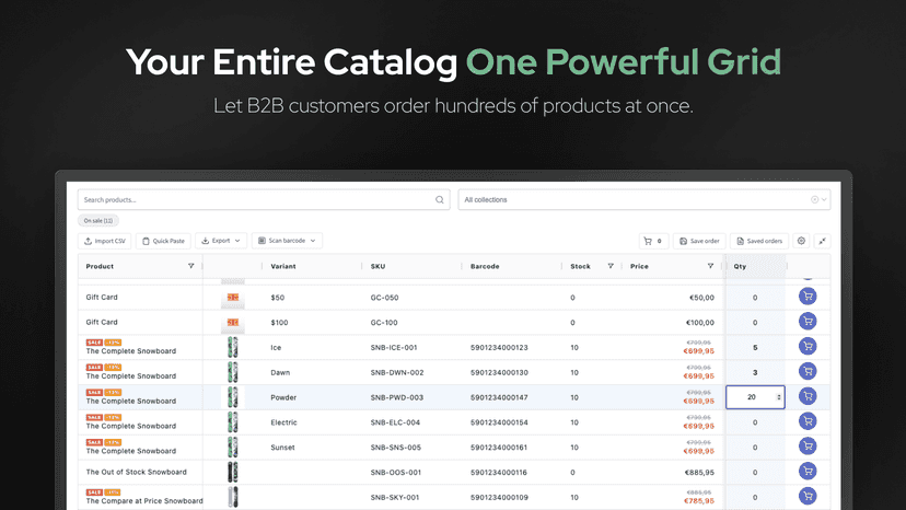 B2B wholesale order grid with full product catalog