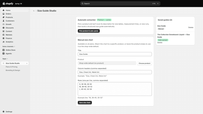 Size Guide Dashboard