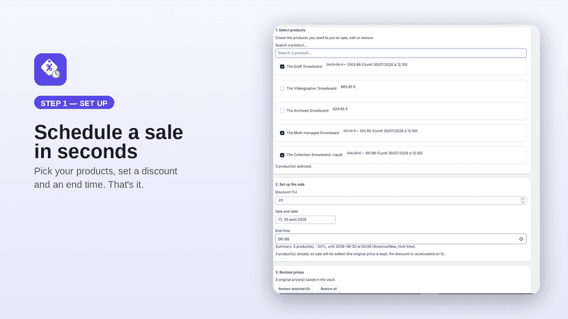 Schedule a product sale with discount and end time