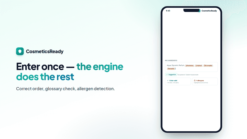 Mobile INCI editor with glossary and allergen check