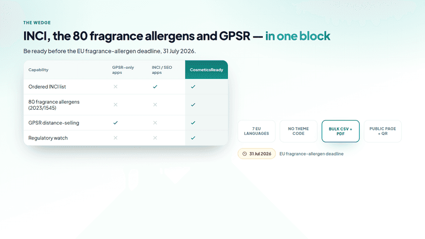 INCI, 80 fragrance allergens and GPSR in one block