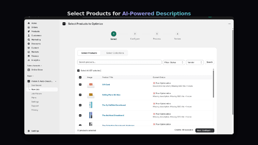 Select products for AI powered descriptions