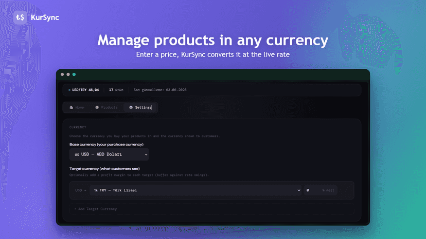 KurSync currency settings with base and target currency