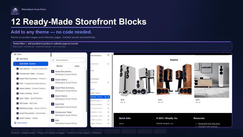 Theme editor showing 12 asset pack storefront blocks