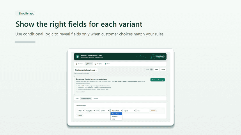 Shopify custom product options conditional logic for variants