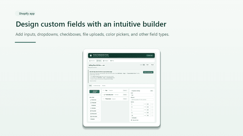 Shopify product customizer form builder with custom fields