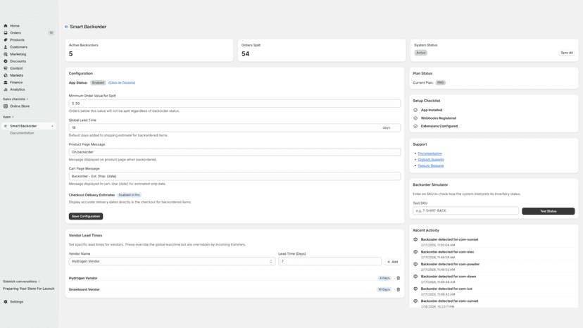 Dashboard to set lead times and backorder rules for items.