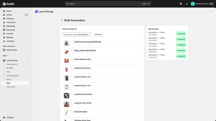 Bulk-generate copy for many products with job history