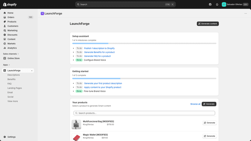 Smart content dashboard with setup progress and products
