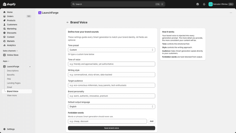 Brand voice settings: tone, style, audience, forbidden words