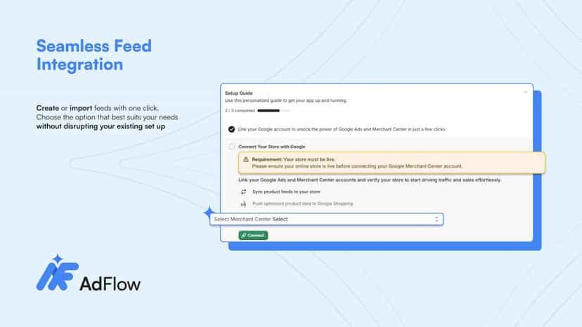 AdFlow onboarding flow displaying user requirements
