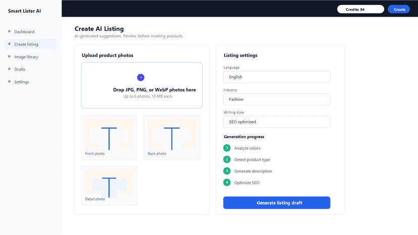 Create product draft listings from uploaded photos