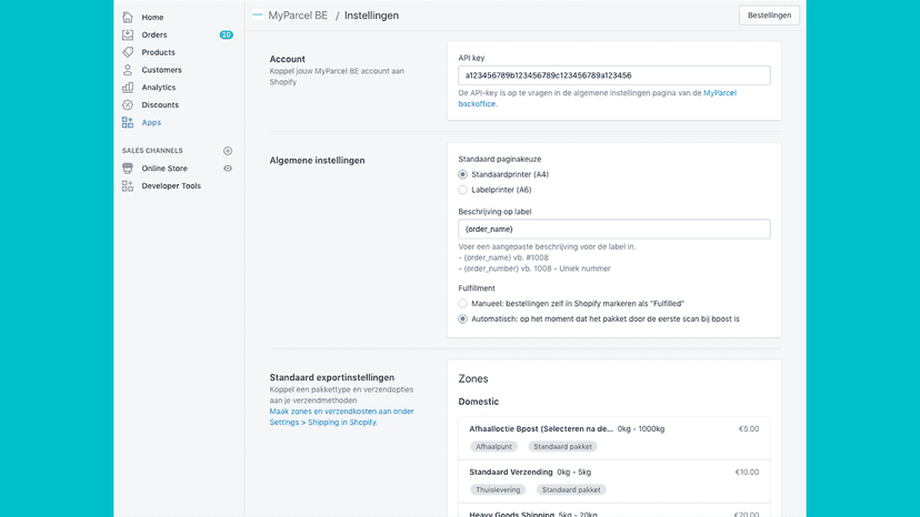 Instellingen API en verzendopties