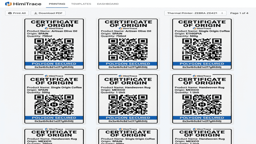 Preview of printed thermal QR codes with blockchain hash