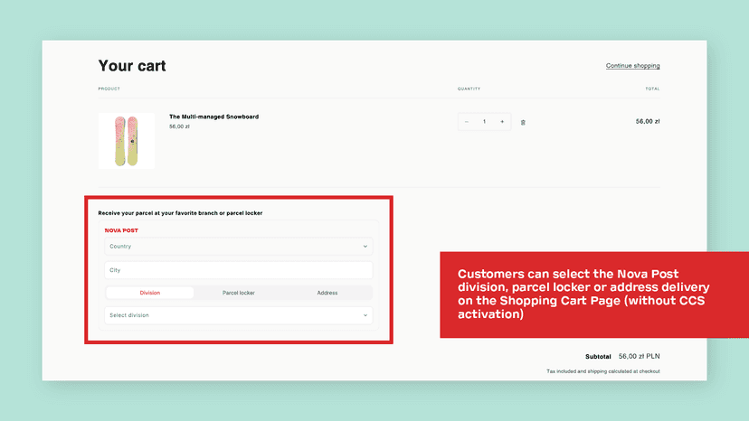 Select the Nova Post division, parcel locker or address on Cart
