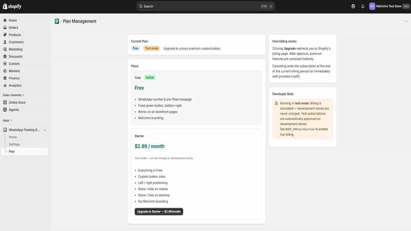 Free and Starter plan comparison showing app pricing options