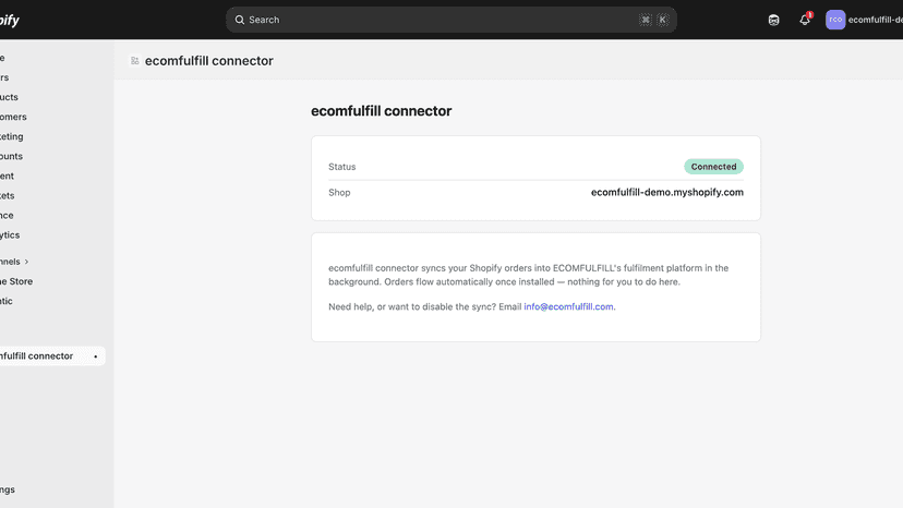 ECOMFULFILL connector showing Connected inside Shopify Admin
