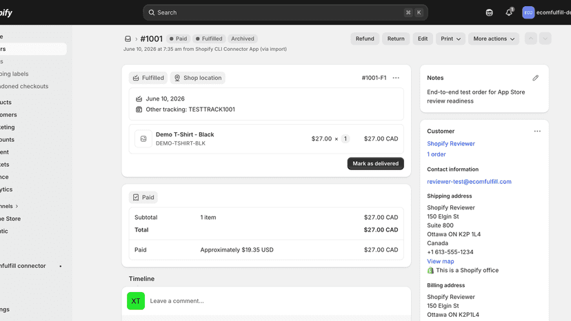 Shopify order marked Fulfilled with the carrier tracking number
