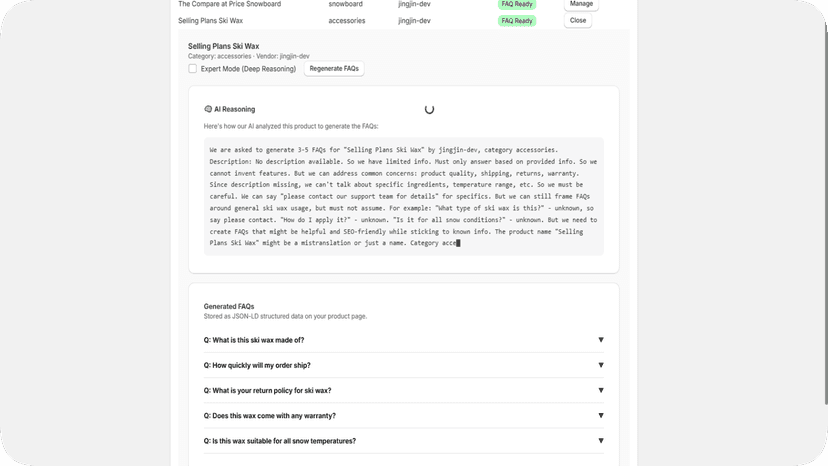 Generated FAQs displayed as expandable accordion with JSON-LD sc