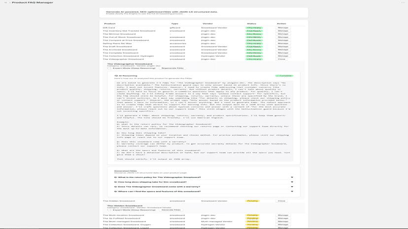 Ansify product FAQ generation and management interface