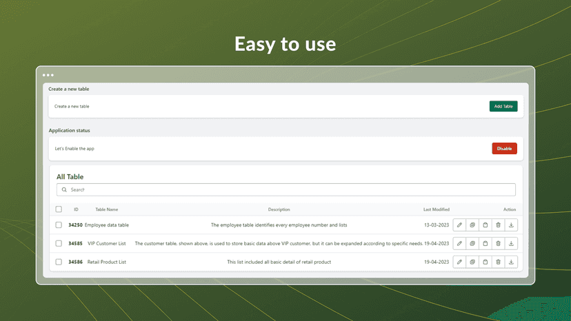 table, link in table, custom data table