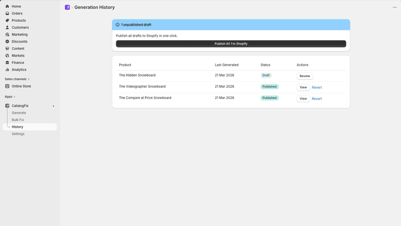 Generation history with publish, review, and revert actions