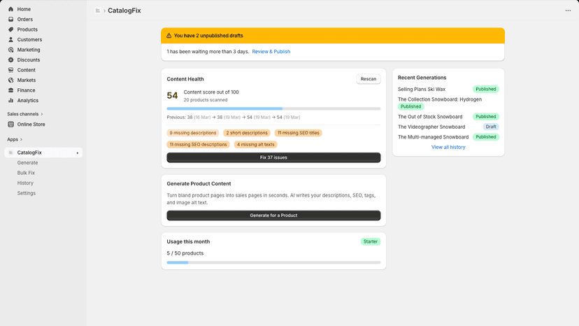 CatalogFix dashboard with content health score and issue badges