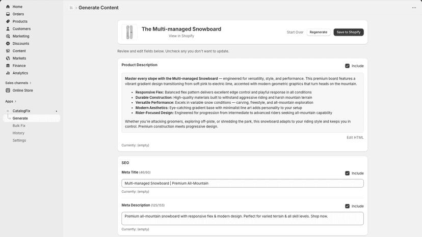 AI-generated description and SEO fields ready to publish
