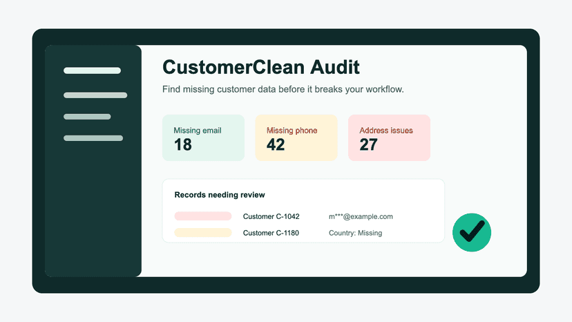 Customer data quality dashboard with masked audit examples.
