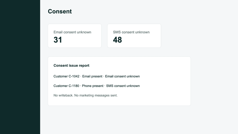 Consent and tag review view with masked customer examples.