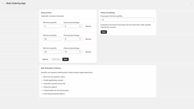 Bulk order app backend settings page