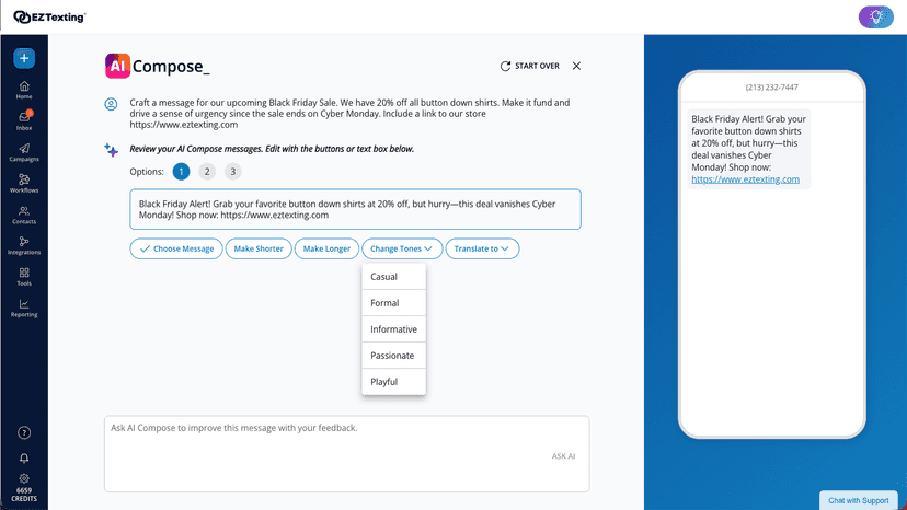 EZ Texting AI Compose with Black Friday text message promotion