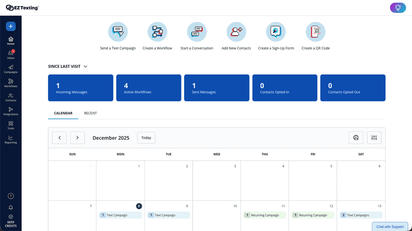 EZ Texting dashboard - SMS Tools and Campaign Calendar