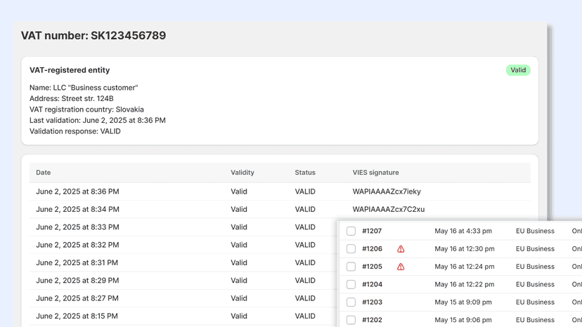 VIES validation log, easy tracking of flagged orders.