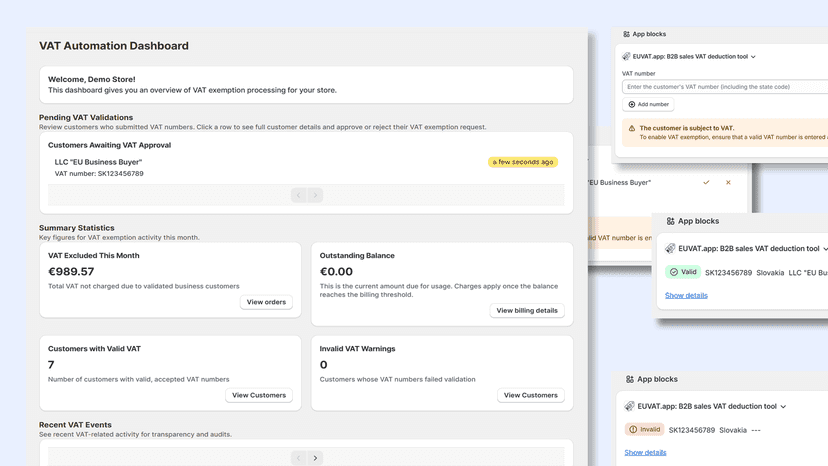 Dashboard overview, clear VAT status, simple validation control.