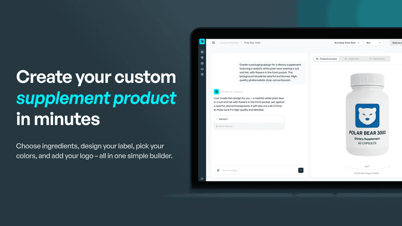 Dashboard showing custom supplement product creation process wit