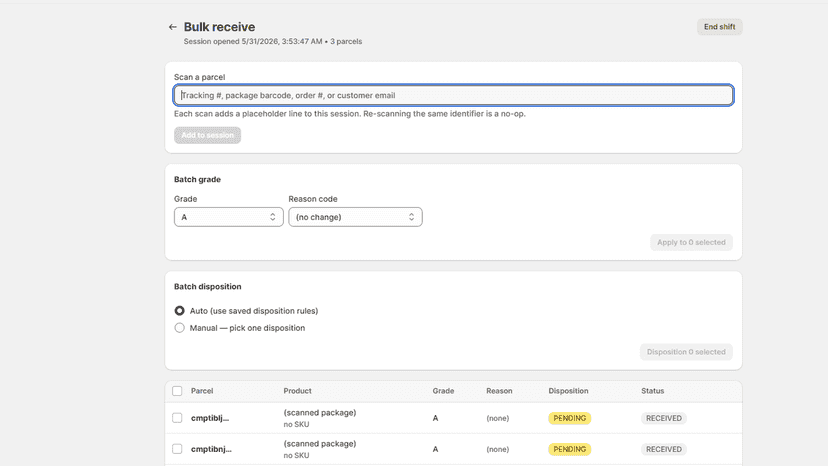 Return Comfort bulk receive workflow