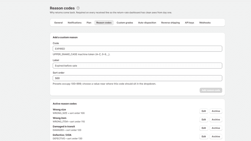 Return Comfort reason code settings