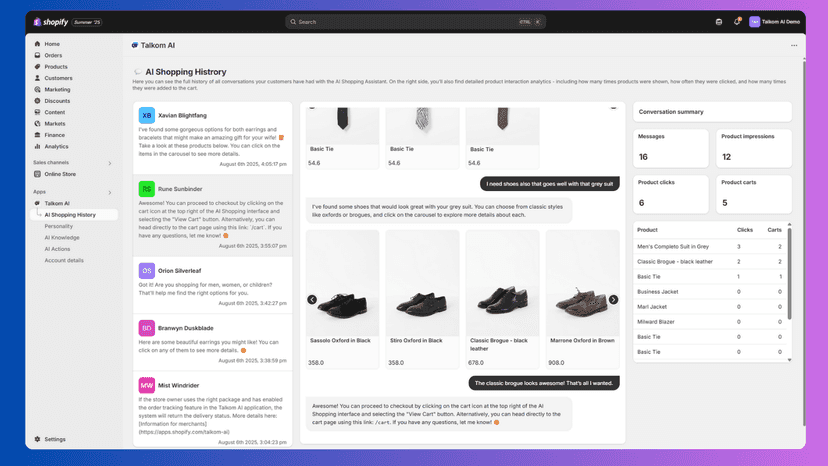 Talkom AI - Shopify Admin, AI Shopping History