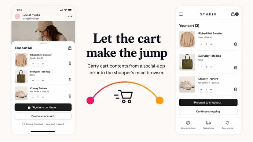 A shopper’s cart moving from a social-app storefront view into t