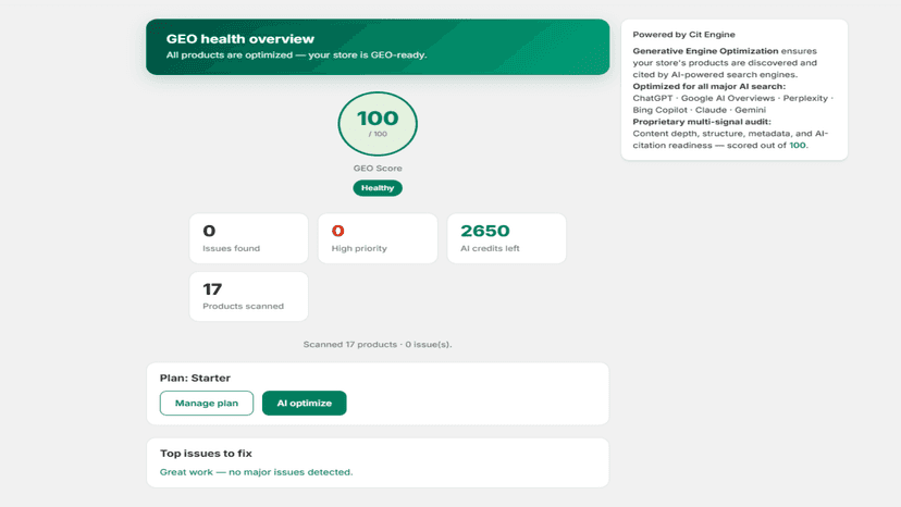 CiteShop dashboard with GEO health score and top issues