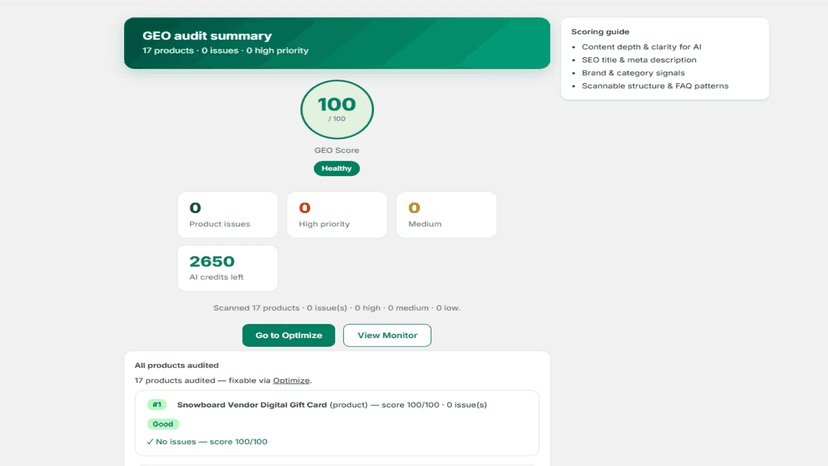 GEO audit page showing product issues and fix suggestions