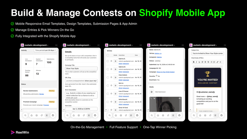 Multiple screenshots of ReelWin app on Shopify mobile app.