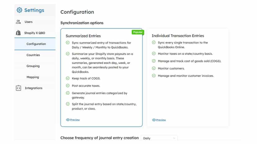 Sync options for summarized and individual transactions