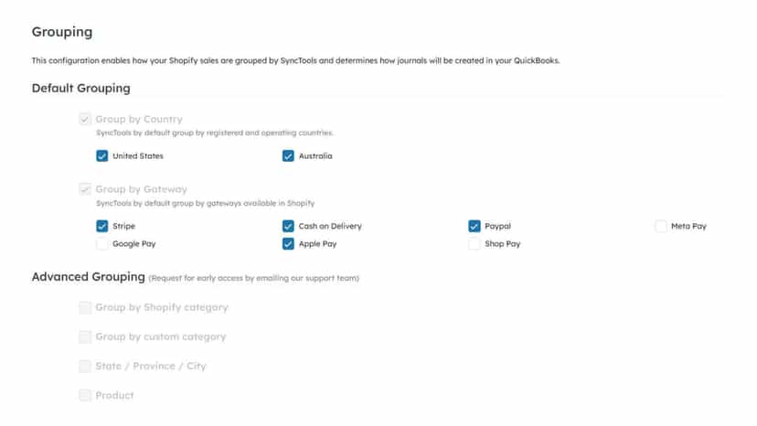 SyncTools configuration showing options to group by country