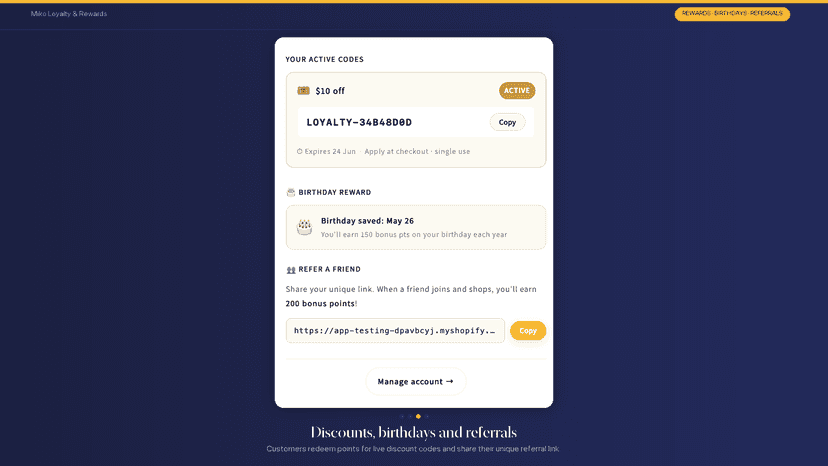 Active discount code, birthday reward and referral link