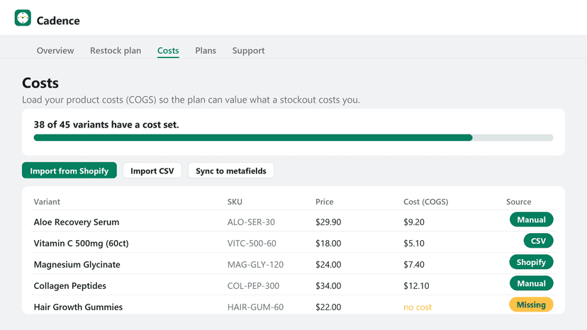 Costs screen: COGS coverage and import options