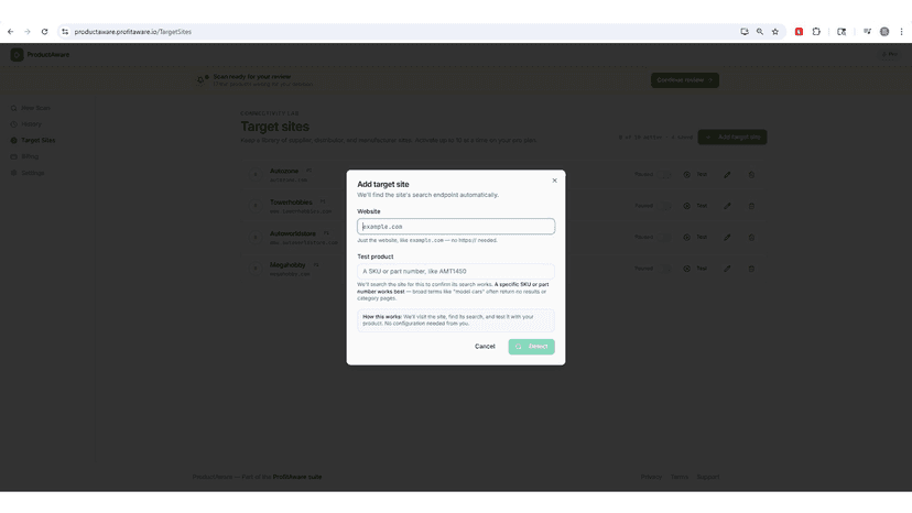 ProductAware Add Target Site