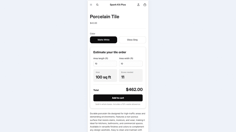 Mobile Shopper enters measurements and sees a calculator total