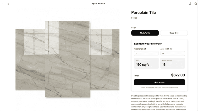 Calculator on a product page showing boxes needed and total
